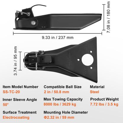 Heavy Duty A-Frame Trailer Coupler, Fits 0.05m Ball, 3629kg Towing Capacity