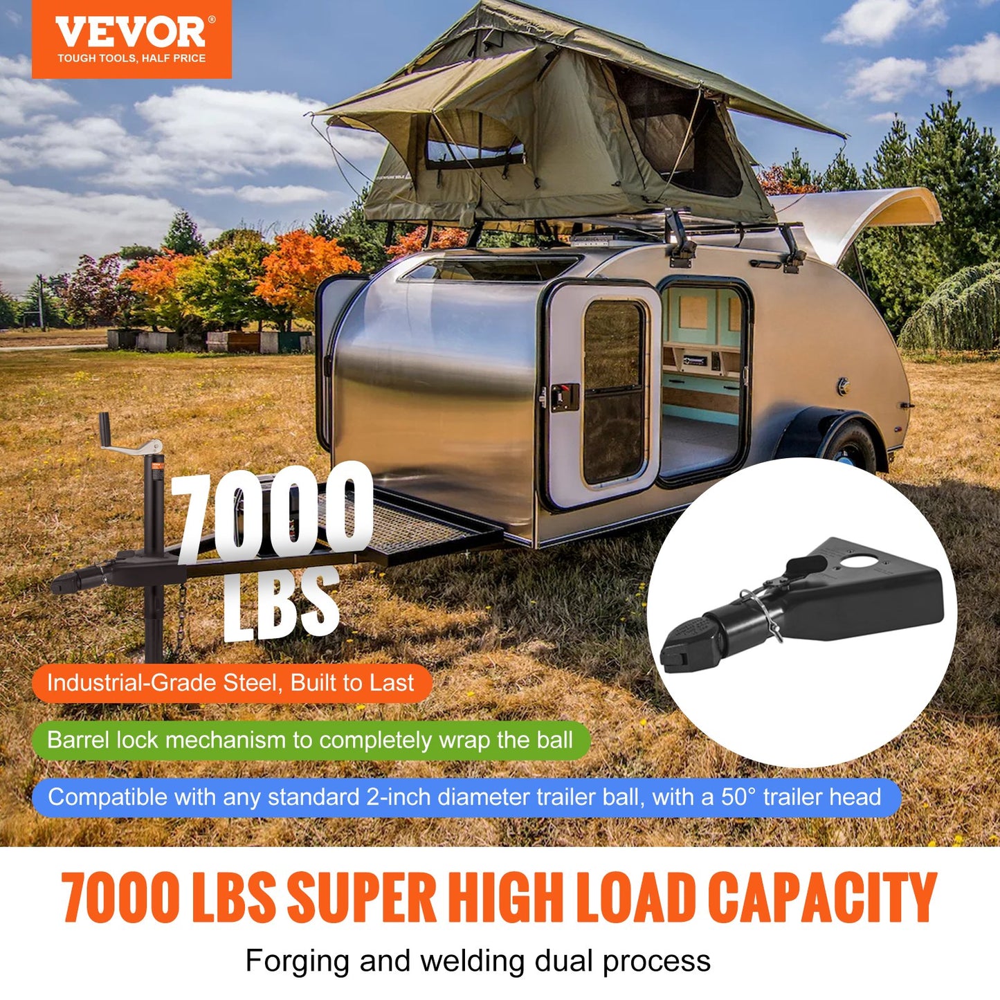 VEVOR A-Frame Trailer Coupler, Fits 2-Inch Hitch Ball Size, 7000 lbs Towing Capacity,