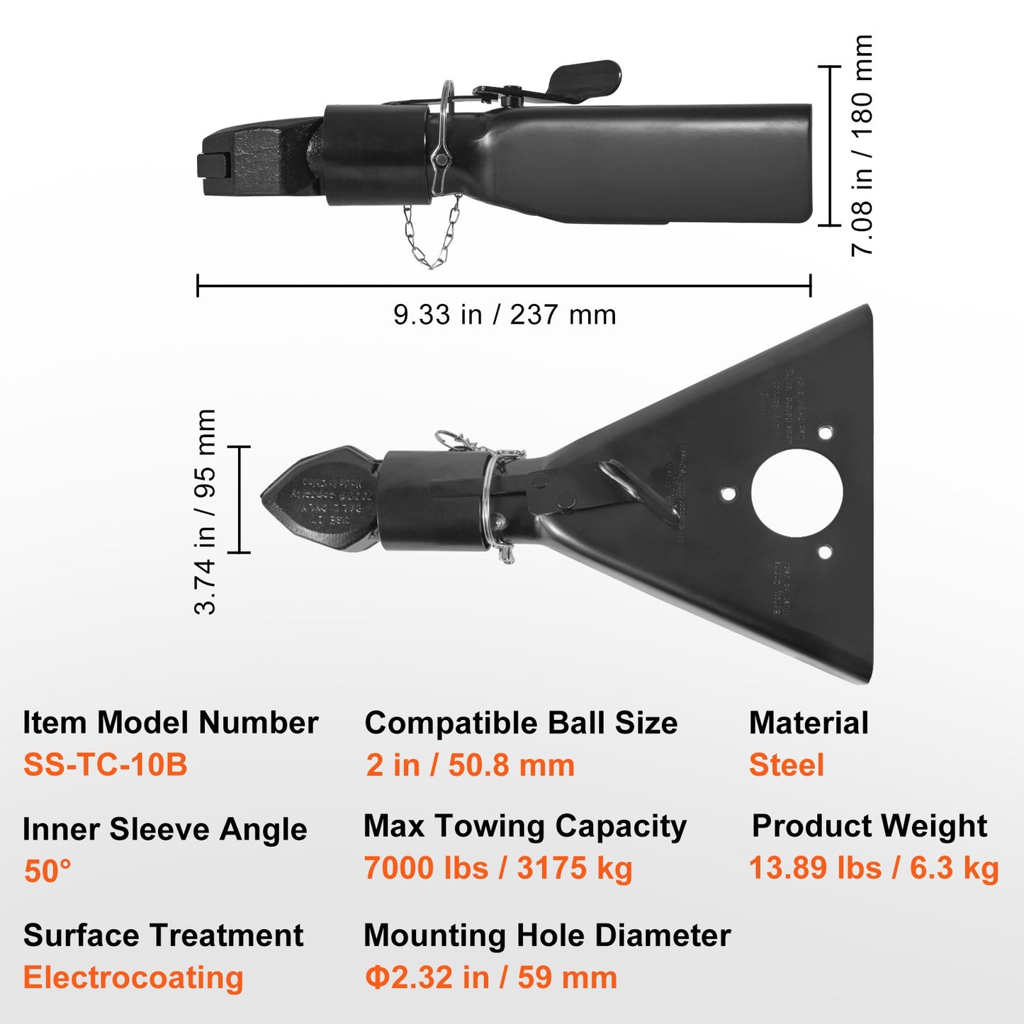 VEVOR A-Frame Trailer Coupler, Fits 2-Inch Hitch Ball Size, 7000 lbs Towing Capacity,