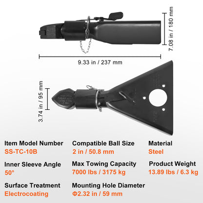 VEVOR A-Frame Trailer Coupler, Fits 2-Inch Hitch Ball Size, 7000 lbs Towing Capacity,
