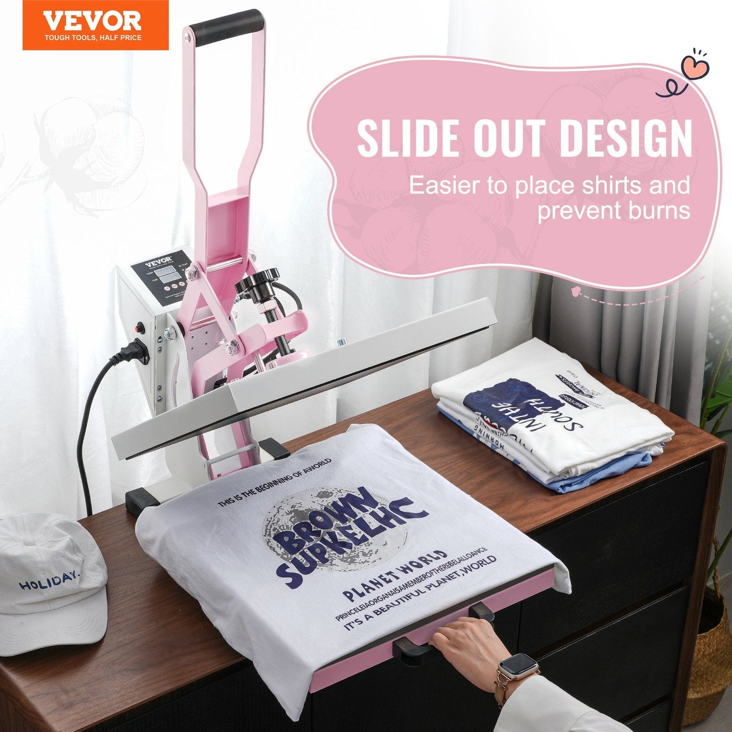15x15m Slide-Out Heat Press Machine for T-Shirts, Pink, Beginner-Friendly
