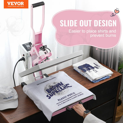 15x15m Slide-Out Heat Press Machine for T-Shirts, Pink, Beginner-Friendly