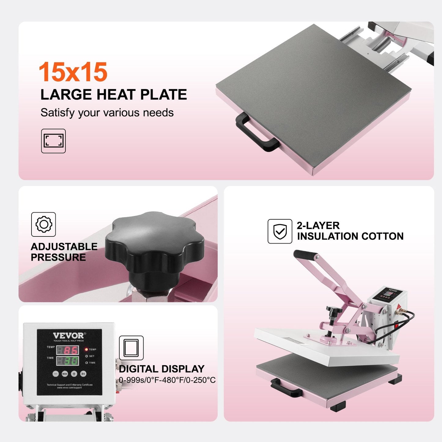 15x15m Slide-Out Heat Press Machine for T-Shirts, Pink, Beginner-Friendly