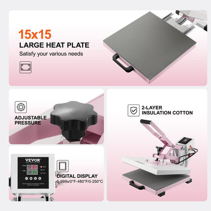 15x15m Slide-Out Heat Press Machine for T-Shirts, Pink, Beginner-Friendly
