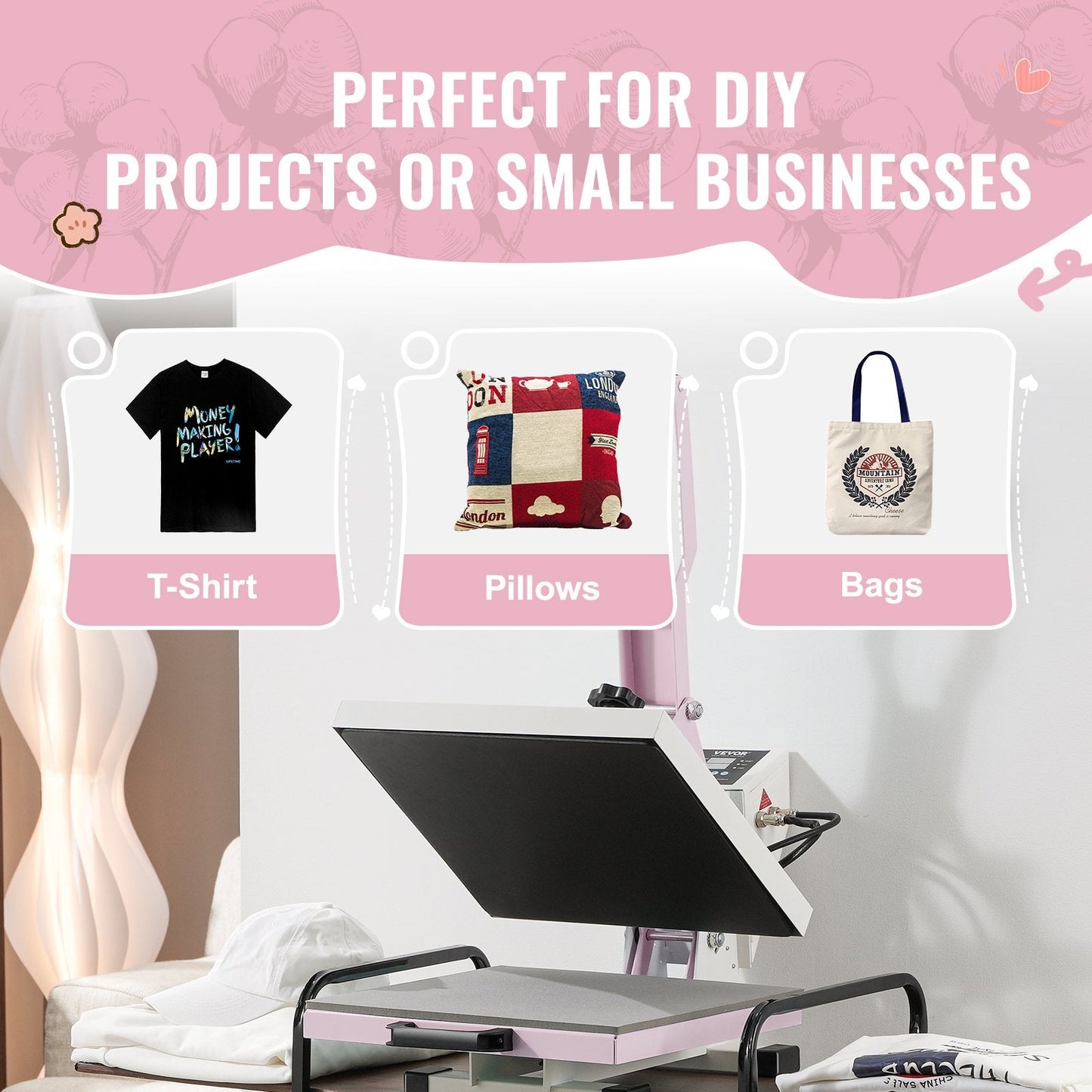 15x15m Slide-Out Heat Press Machine for T-Shirts, Pink, Beginner-Friendly