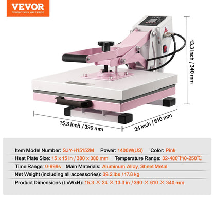 15x15m Slide-Out Heat Press Machine for T-Shirts, Pink, Beginner-Friendly