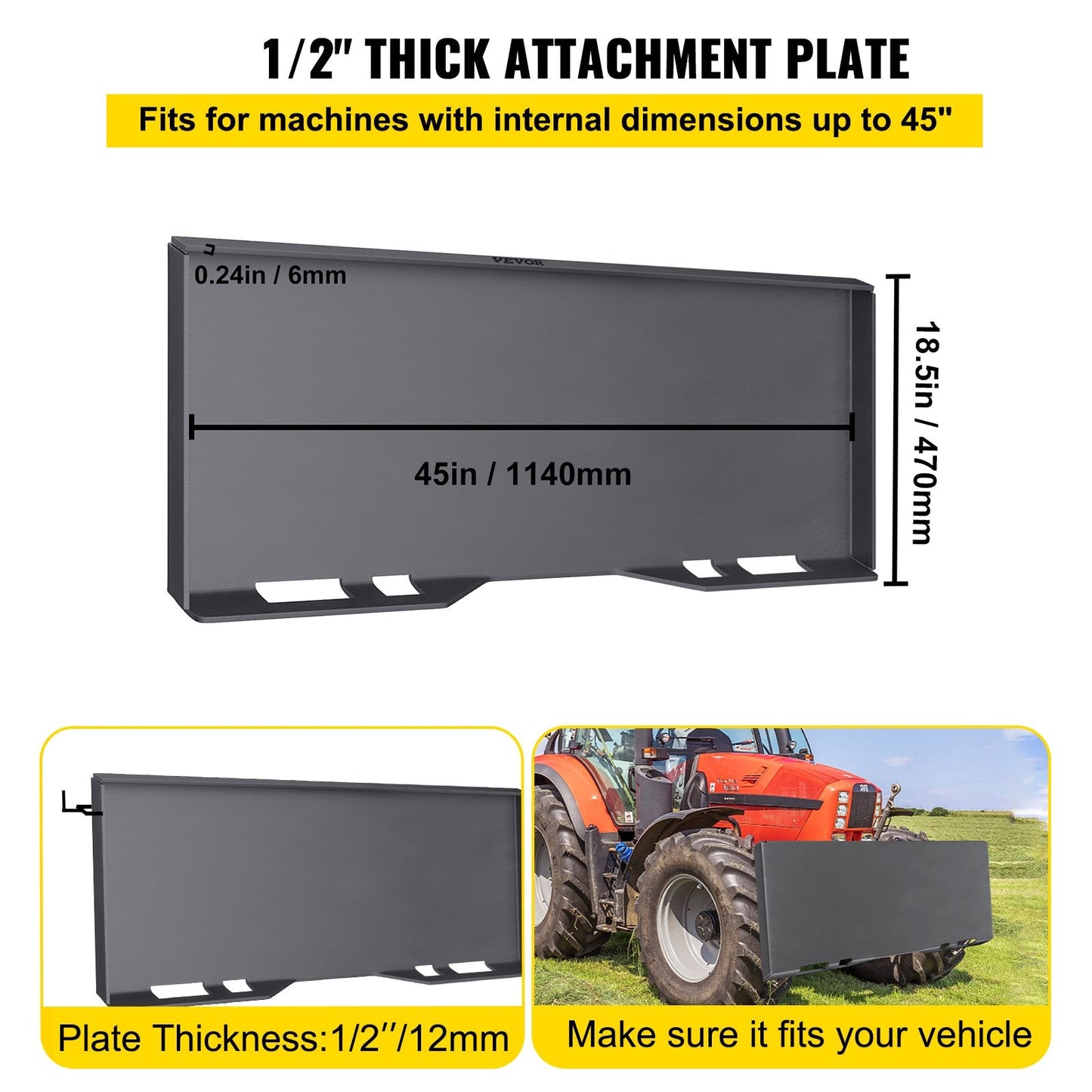 Universal Skid Steer Mount Plate, 12mm Steel, for Tractors, Easy Install