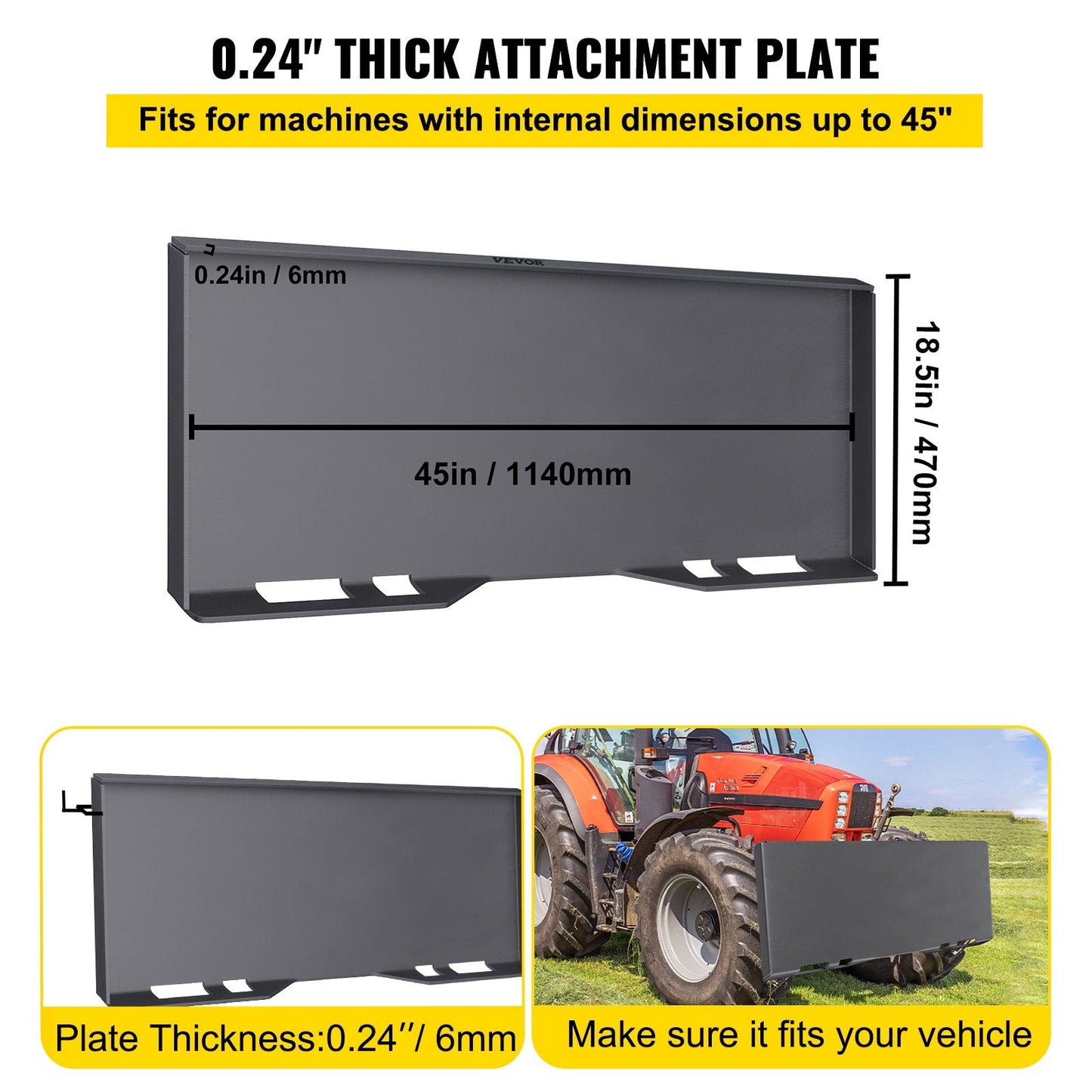 Universal Skid Steer Mount Plate, Steel, 0.24m Thick, 28kg, Easy Install