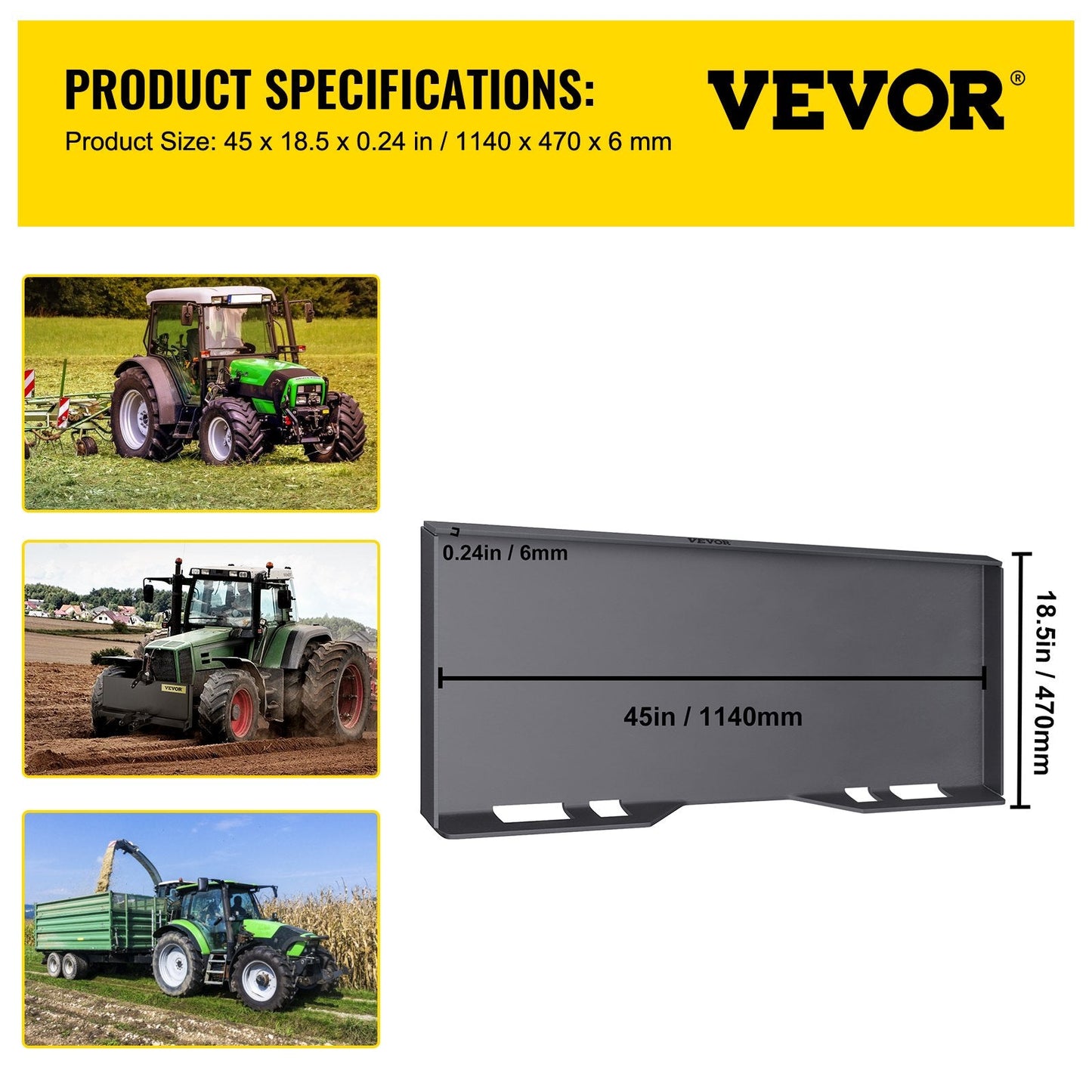 Universal Skid Steer Mount Plate, Steel, 0.24m Thick, 28kg, Easy Install