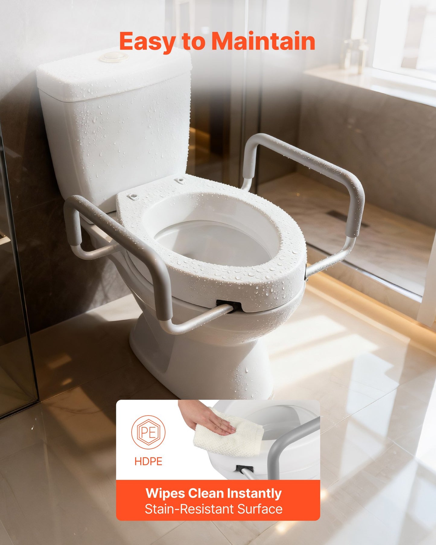 Raised Toilet Seat with Arms, 136.1 kg Load Capacity, 88.9 mm Lift Height, Widened Commode Elevated Toilet Seat Riser with Padded Handles for Seniors, Elderly, Handicap, Disabled, and Adults