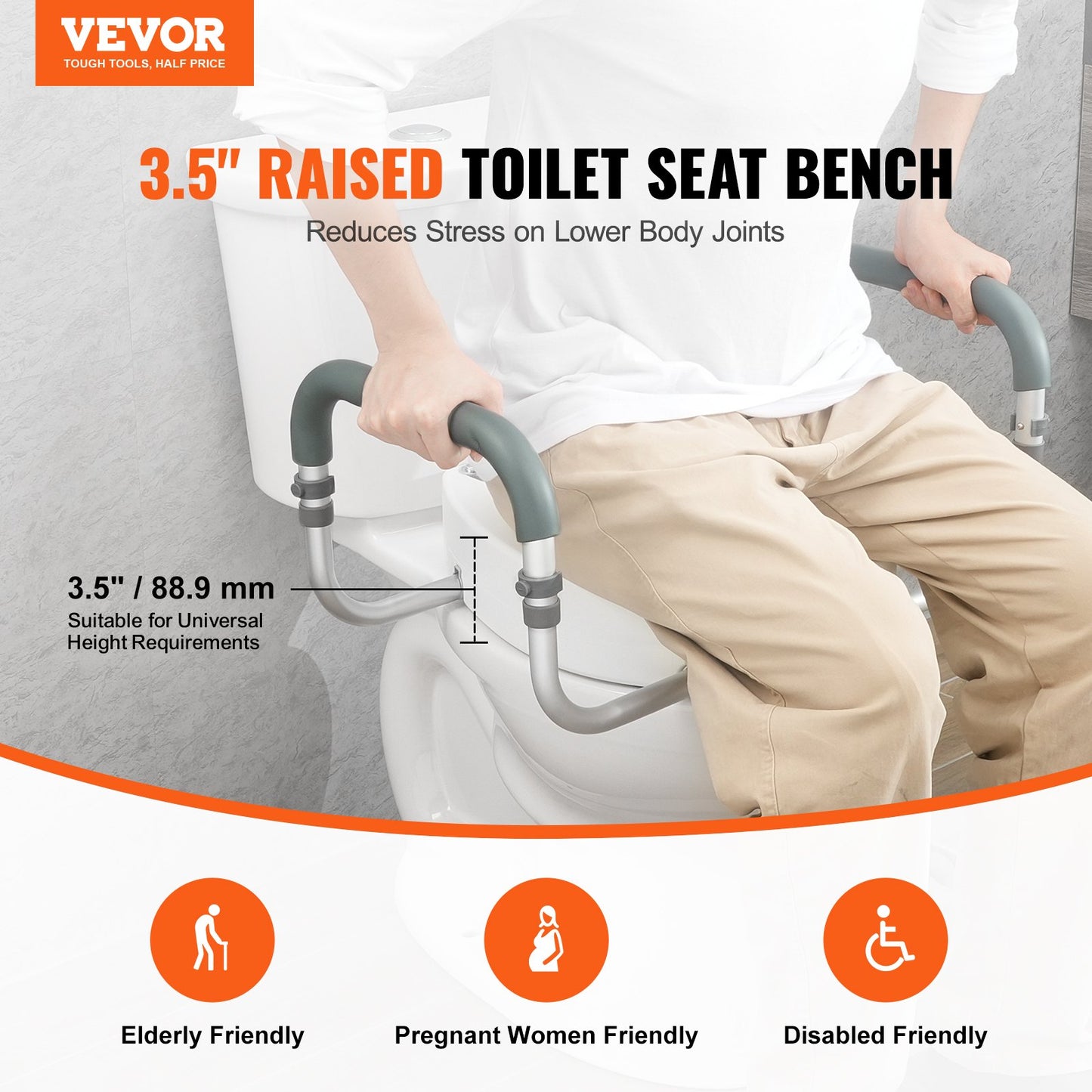 VEVOR Raised Toilet Seat,88.9 mm Height Raised, 136 kg Weight Capacity, for Standard