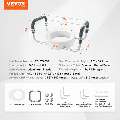 Raised Toilet Seat with 0.09 m Lift, 136 kg Capacity, for Standard Round Toilets