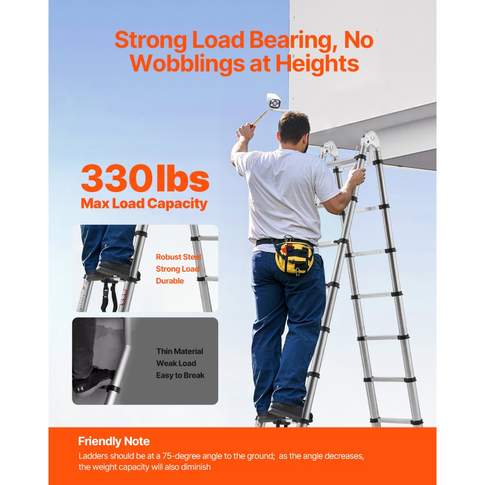 VEVOR Telescoping Ladder A-Frame Stainless Steel 4985 mm Extension Ladders
