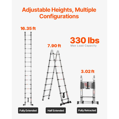 VEVOR Telescoping Ladder A-Frame Stainless Steel 4985 mm Extension Ladders