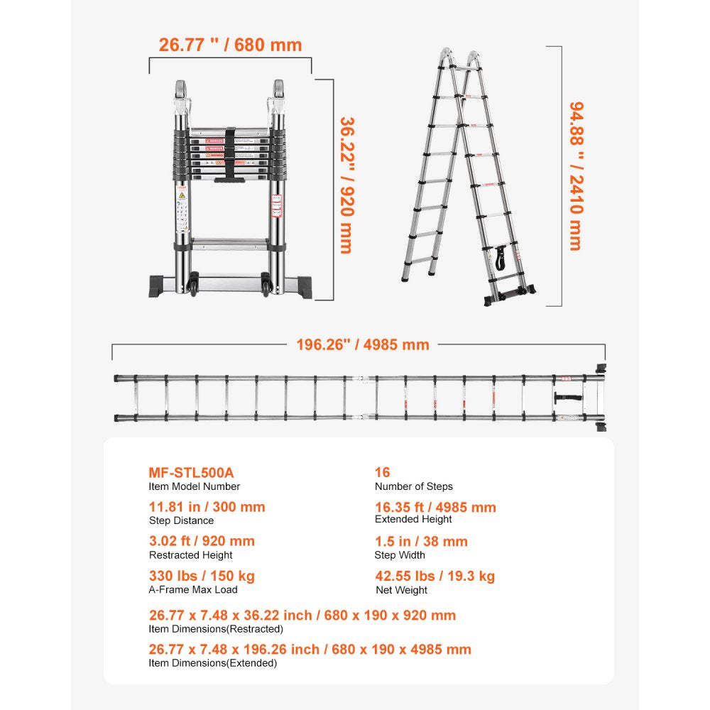 VEVOR Telescoping Ladder A-Frame Stainless Steel 4985 mm Extension Ladders