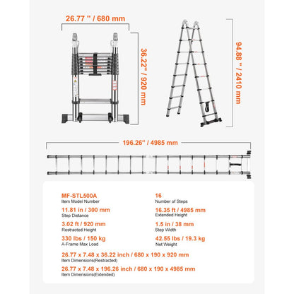VEVOR Telescoping Ladder A-Frame Stainless Steel 4985 mm Extension Ladders