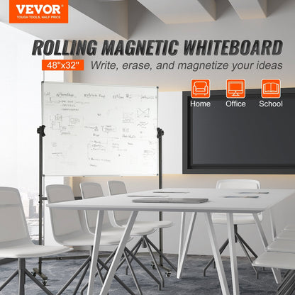 Double-Sided Magnetic Mobile Whiteboard with Adjustable Height and Wheels