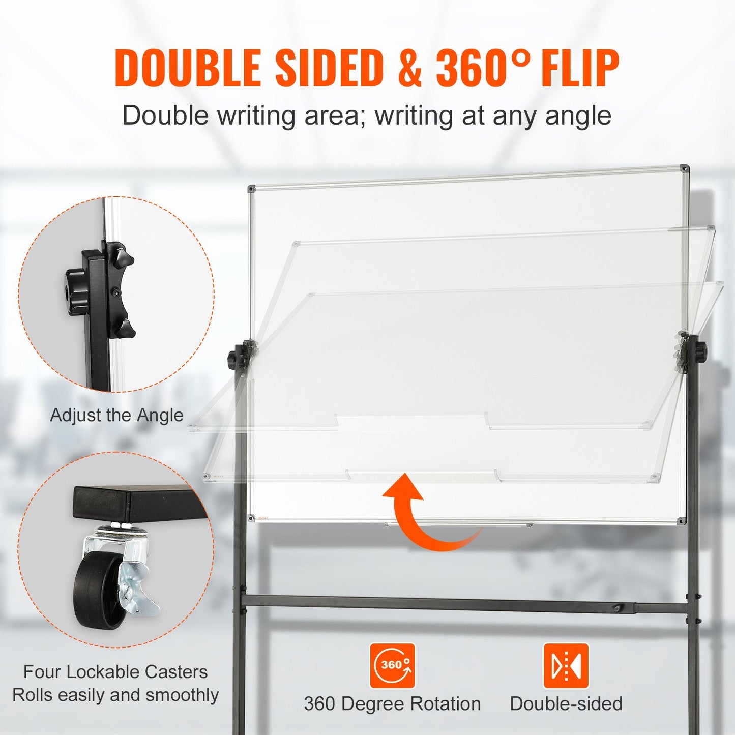 Double-Sided Magnetic Mobile Whiteboard with Adjustable Height and Wheels