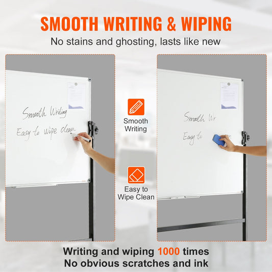 Double-Sided Magnetic Mobile Whiteboard with Adjustable Height and Wheels
