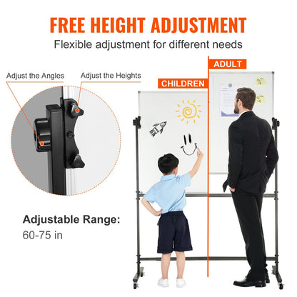 Double-Sided Magnetic Mobile Whiteboard with Adjustable Height and Wheels