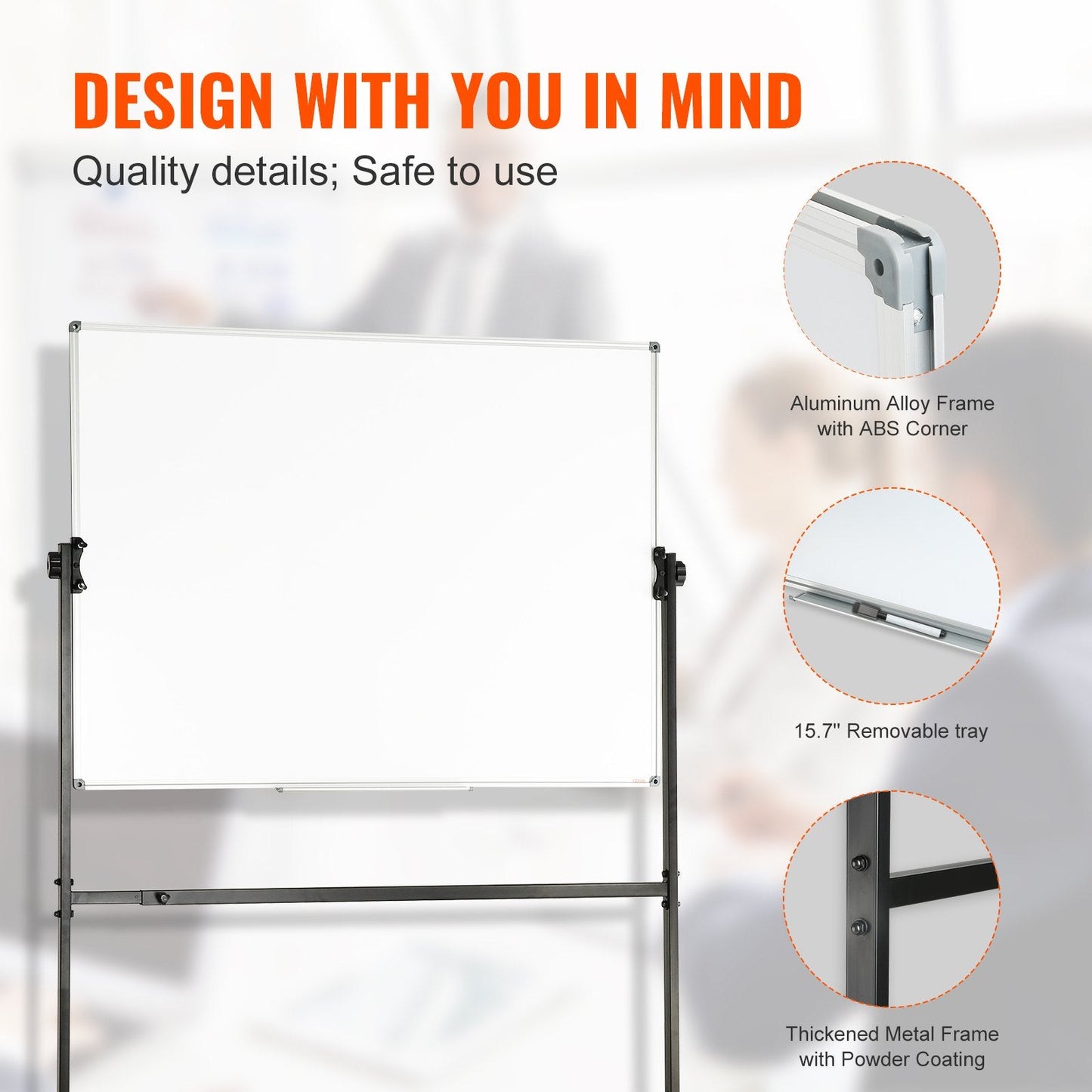 Double-Sided Magnetic Mobile Whiteboard with Adjustable Height and Wheels