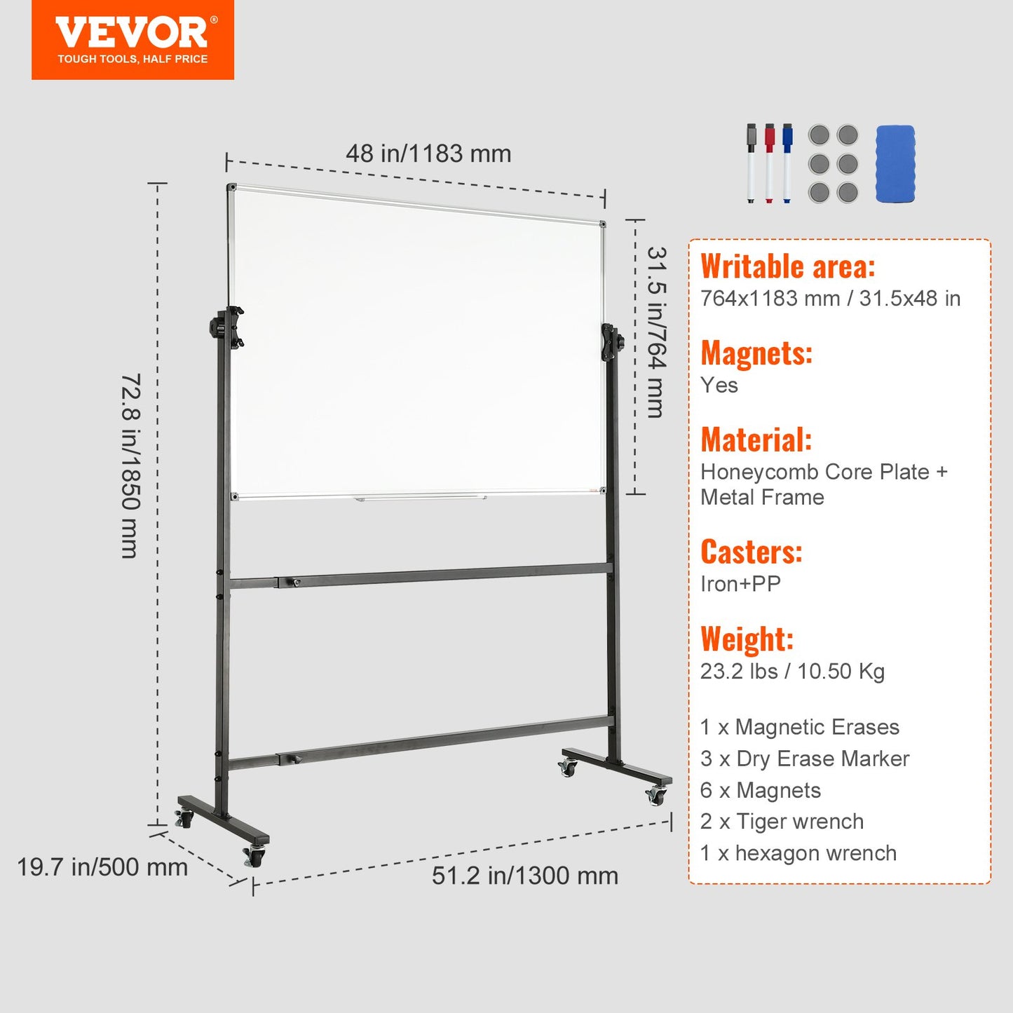 VEVOR Rolling Whiteboard, 48x32 inch Double-Sided Magnetic Mobile Whiteboard, 360°