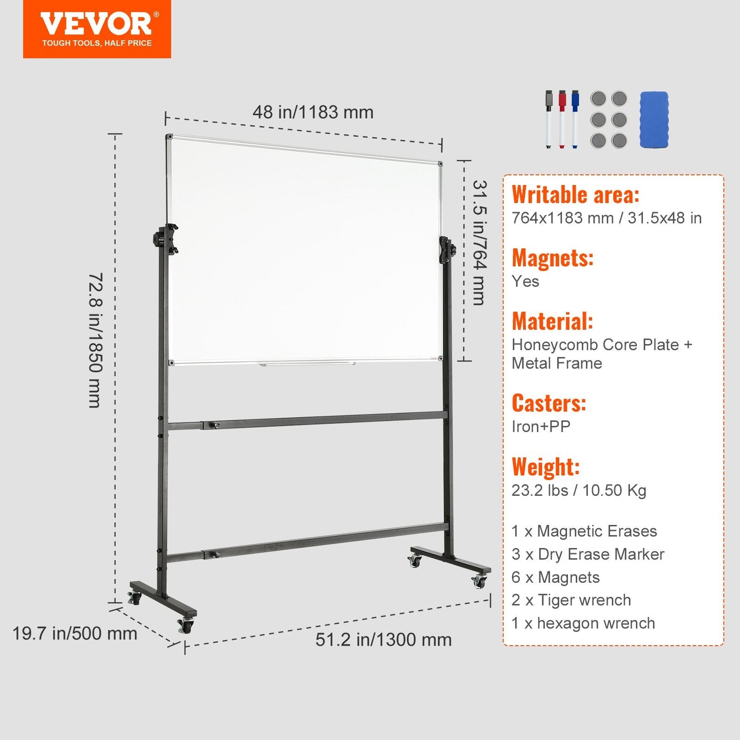 Double-Sided Magnetic Mobile Whiteboard with Adjustable Height and Wheels
