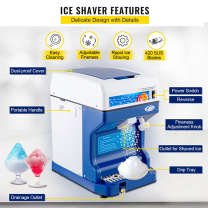VEVOR Ice Shaver 265LBS/Hour Snow Cone Frozen Ice Shaving Slushie Dessert Maker