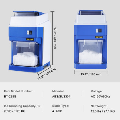 Commercial Electric Ice Shaver Crusher, 120kg/hr Snow Cone Machine with 2kg Box