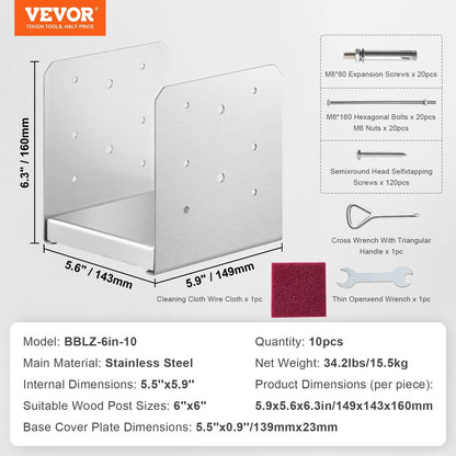 Adjustable Stainless Steel Post Anchor Brackets, 10Pcs, 0.15x0.15m, for 6x6 Columns