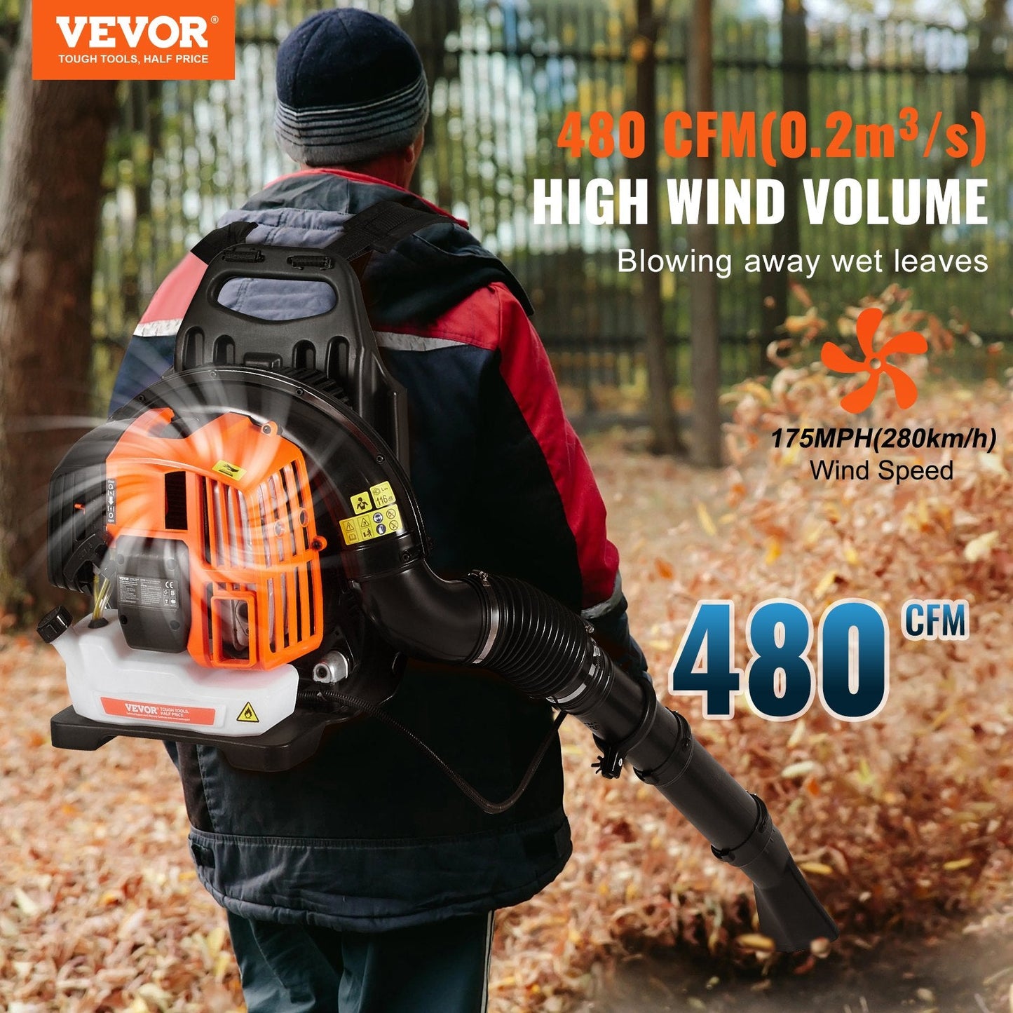 52CC Gas Backpack Leaf Blower, 1.37L Tank, 480CFM for Lawn & Snow Cleanup