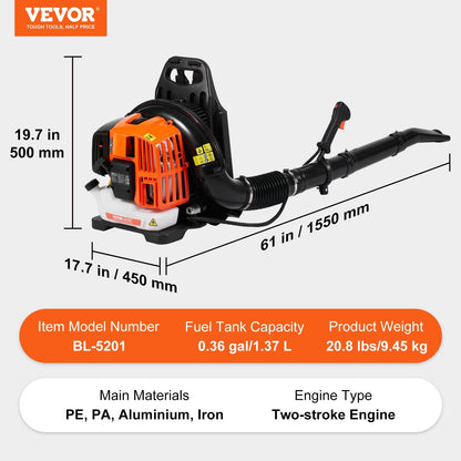 52CC Gas Backpack Leaf Blower, 1.37L Tank, 480CFM for Lawn & Snow Cleanup