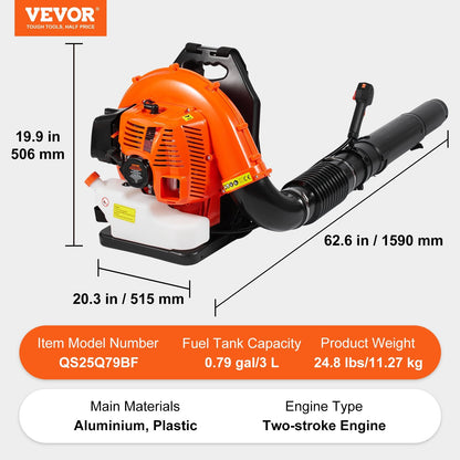 79CC Gas Backpack Leaf Blower, 930CFM, 295 km/h, 11.27 kg, 3L Fuel Capacity