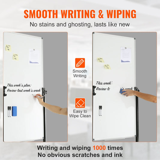 Double-Sided Rolling Magnetic Whiteboard, Mobile & Height Adjustable, 0.6x1.2m