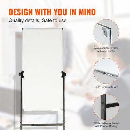 Double-Sided Rolling Magnetic Whiteboard, Mobile & Height Adjustable, 0.6x1.2m