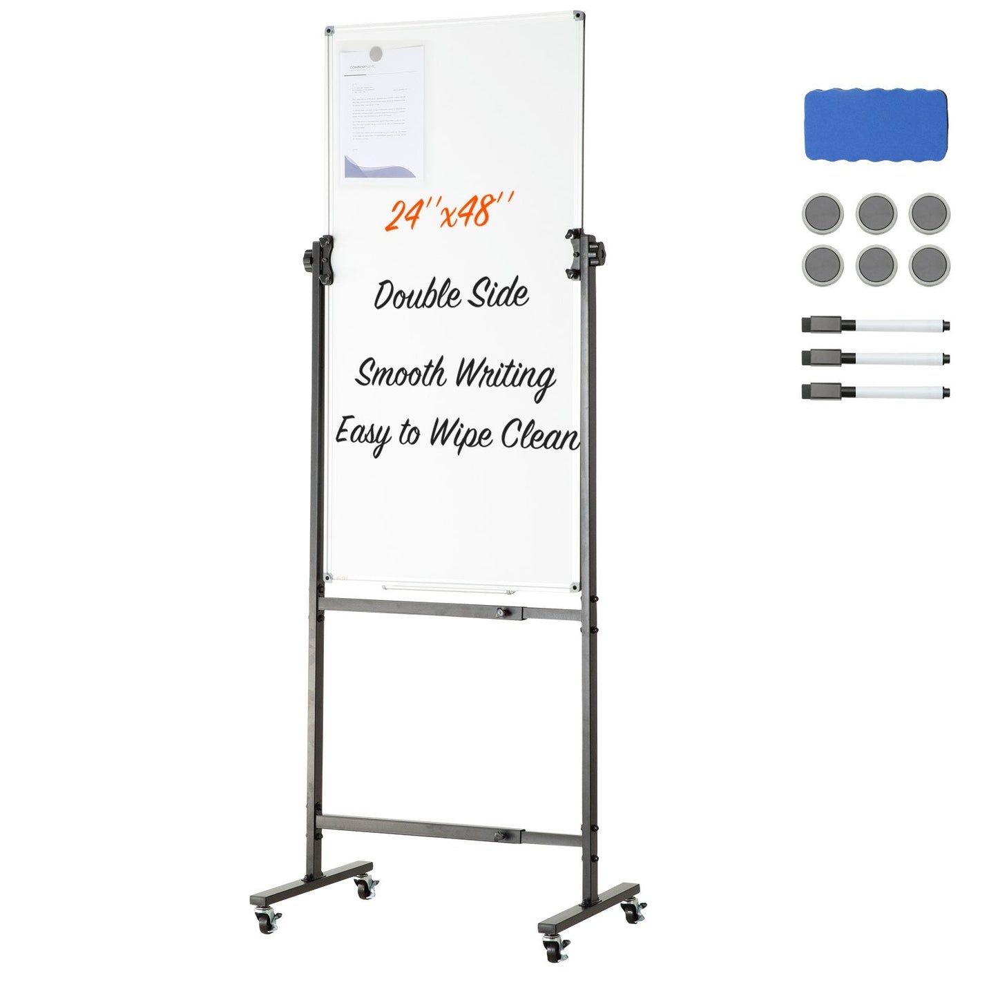 Double-Sided Rolling Magnetic Whiteboard, Mobile & Height Adjustable, 0.6x1.2m