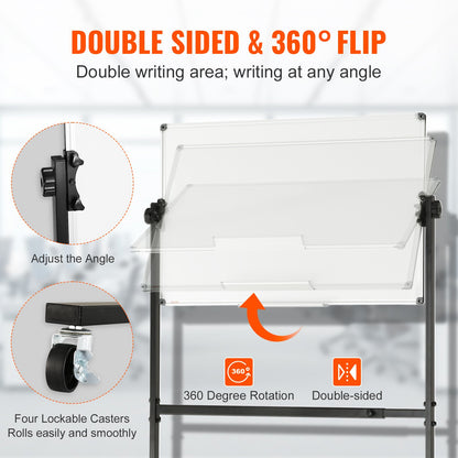 VEVOR 91.5x61cm Rolling Magnetic Whiteboard, Double-sided Mobile Whiteboard, Adjustable