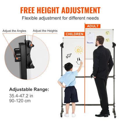 VEVOR 91.5x61cm Rolling Magnetic Whiteboard, Double-sided Mobile Whiteboard, Adjustable
