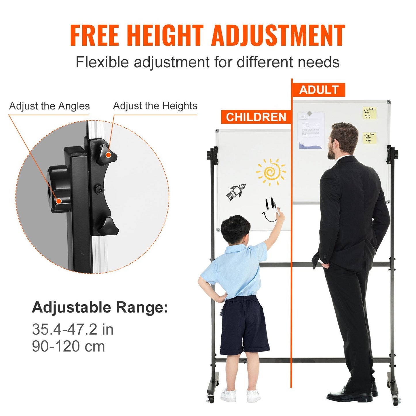 Double-Sided Mobile Whiteboard with Adjustable Height and Wheels, 0.91x0.61m