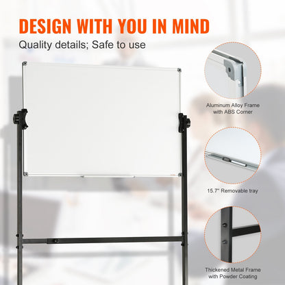 Double-Sided Mobile Whiteboard with Adjustable Height and Wheels, 0.91x0.61m