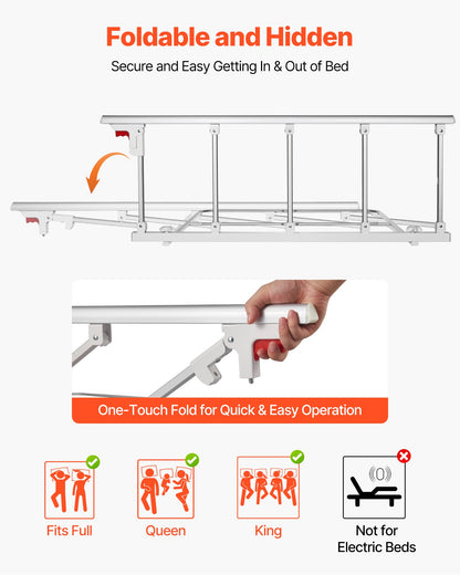 Foldable Bed Rail for Elderly, 122 cm Bedside Assist Rail with Fixing Strap, Adjustable Height Pipe Bedside Cane, High-Strength Metal Senior Bed Bar, Hand Guard Grab Fits King, Queen, Full, Twin