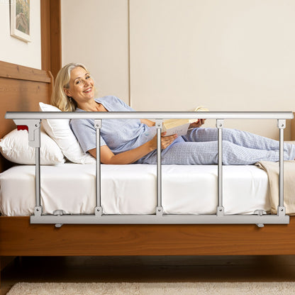 Foldable Bed Rail for Elderly, 122 cm Bedside Assist Rail with Fixing Strap, Adjustable Height Pipe Bedside Cane, High-Strength Metal Senior Bed Bar, Hand Guard Grab Fits King, Queen, Full, Twin