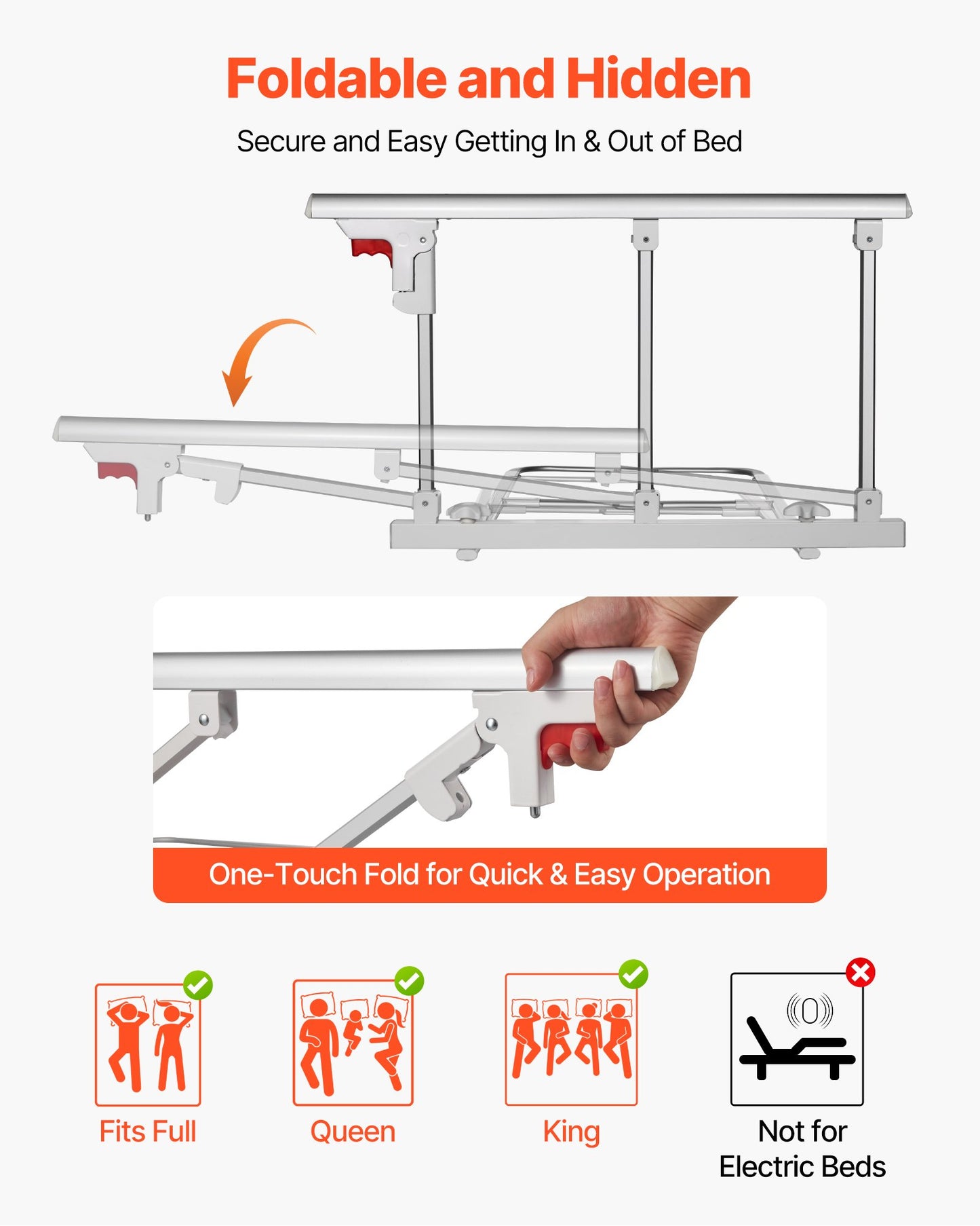 Foldable Bed Rail for Elderly, 70 cm Bedside Assist Rail with Fixing Strap, Adjustable Height Pipe Bedside Cane, High-Strength Metal Senior Bed Bar, Hand Guard Grab Fits King, Queen, Full, Twin