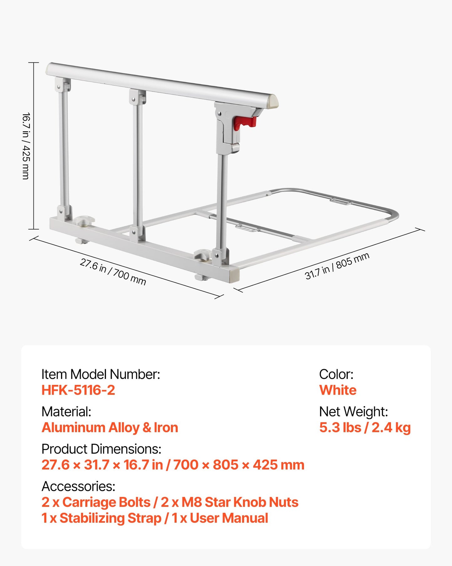 Foldable Bed Rail for Elderly, 70 cm Bedside Assist Rail with Fixing Strap, Adjustable Height Pipe Bedside Cane, High-Strength Metal Senior Bed Bar, Hand Guard Grab Fits King, Queen, Full, Twin