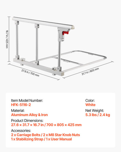 Foldable Bed Rail for Elderly, 70 cm Bedside Assist Rail with Fixing Strap, Adjustable Height Pipe Bedside Cane, High-Strength Metal Senior Bed Bar, Hand Guard Grab Fits King, Queen, Full, Twin