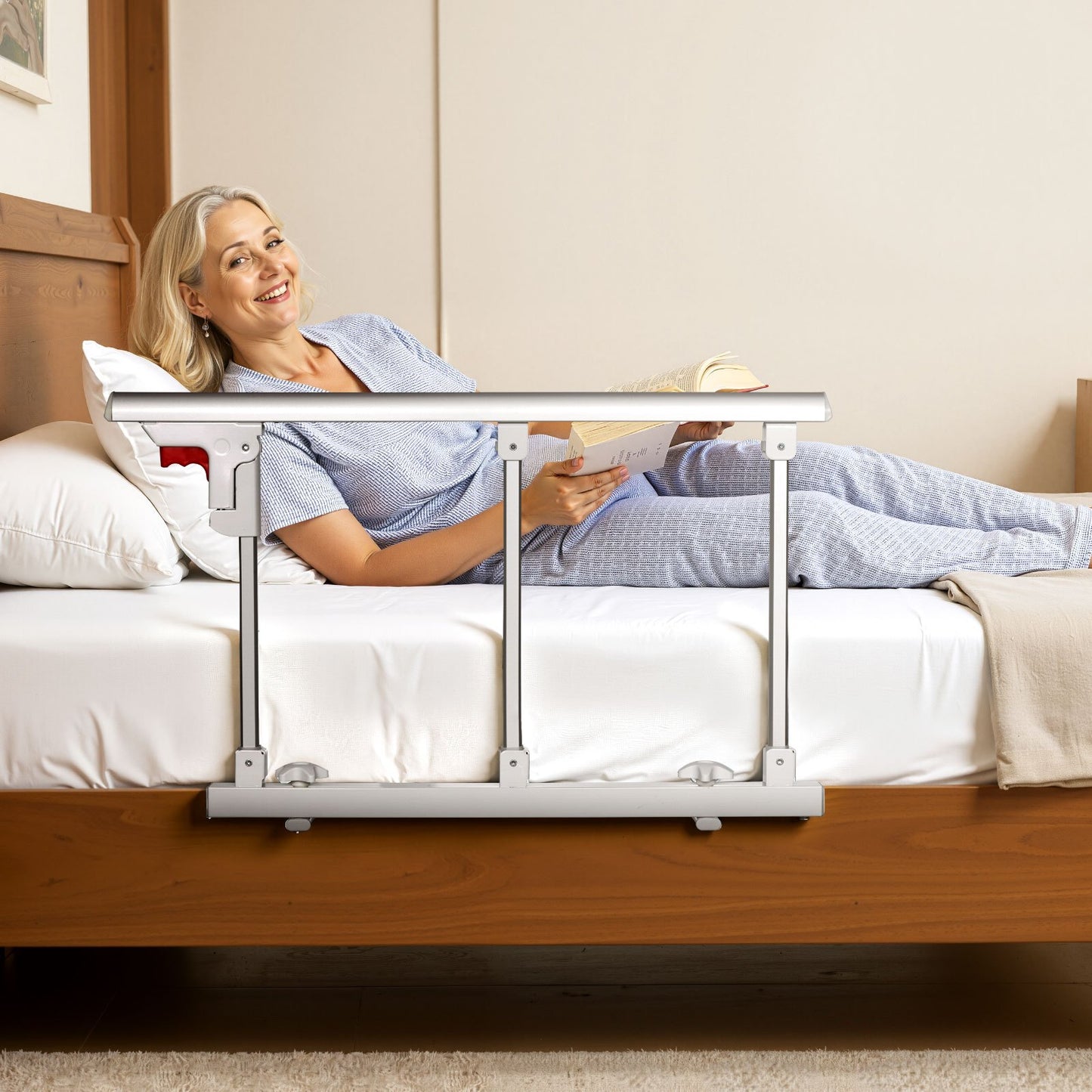 Foldable Bed Rail for Elderly, 70 cm Bedside Assist Rail with Fixing Strap, Adjustable Height Pipe Bedside Cane, High-Strength Metal Senior Bed Bar, Hand Guard Grab Fits King, Queen, Full, Twin