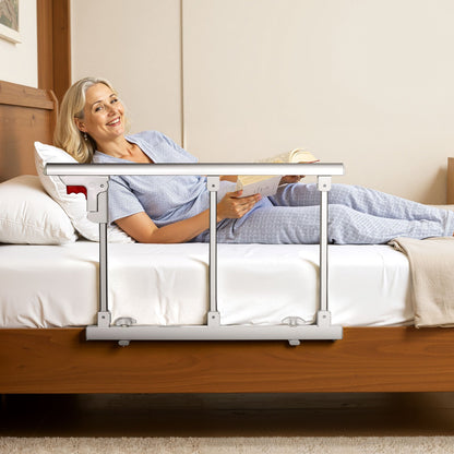 Foldable Bed Rail for Elderly, 70 cm Bedside Assist Rail with Fixing Strap, Adjustable Height Pipe Bedside Cane, High-Strength Metal Senior Bed Bar, Hand Guard Grab Fits King, Queen, Full, Twin