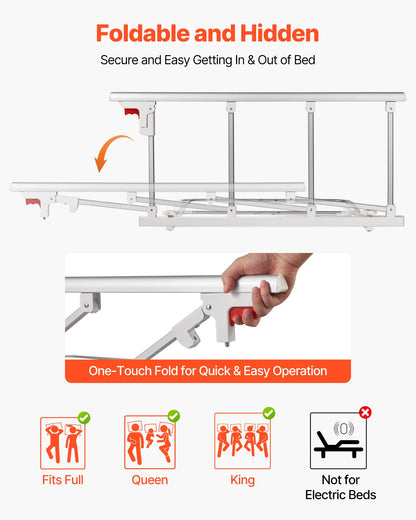 Foldable Bed Rail for Elderly, 97 cm Bedside Assist Rail with Fixing Strap, Adjustable Height Pipe Bedside Cane, High-Strength Metal Senior Bed Bar, Hand Guard Grab Fits King, Queen, Full, Twin