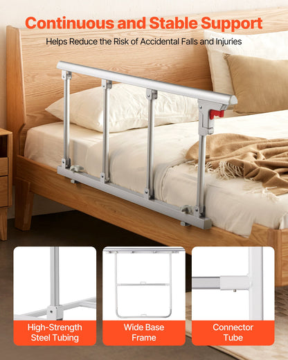 Foldable Bed Rail for Elderly, 97 cm Bedside Assist Rail with Fixing Strap, Adjustable Height Pipe Bedside Cane, High-Strength Metal Senior Bed Bar, Hand Guard Grab Fits King, Queen, Full, Twin