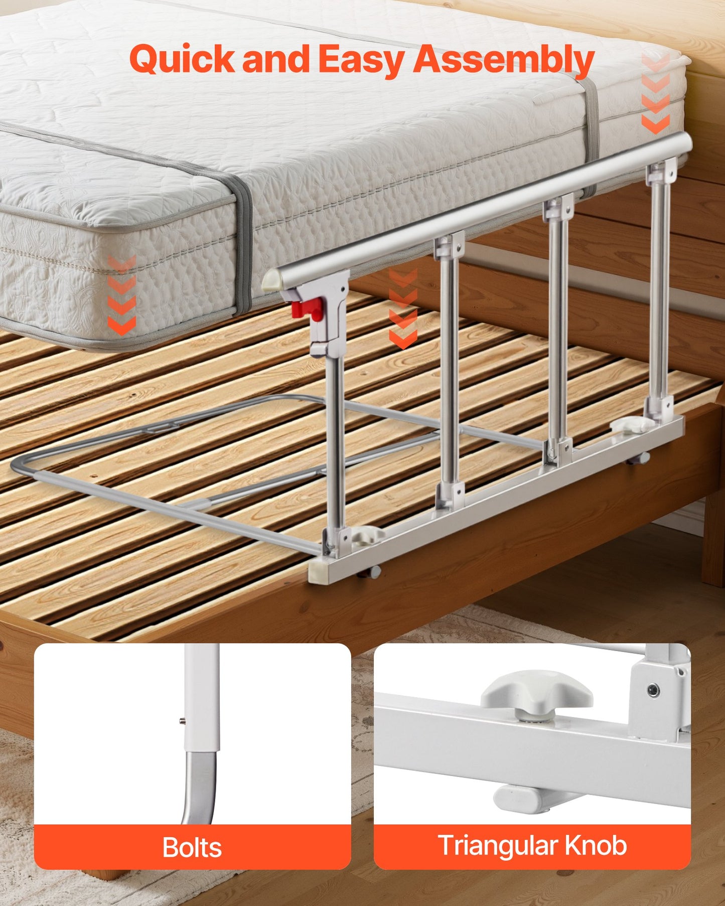 Foldable Bed Rail for Elderly, 97 cm Bedside Assist Rail with Fixing Strap, Adjustable Height Pipe Bedside Cane, High-Strength Metal Senior Bed Bar, Hand Guard Grab Fits King, Queen, Full, Twin
